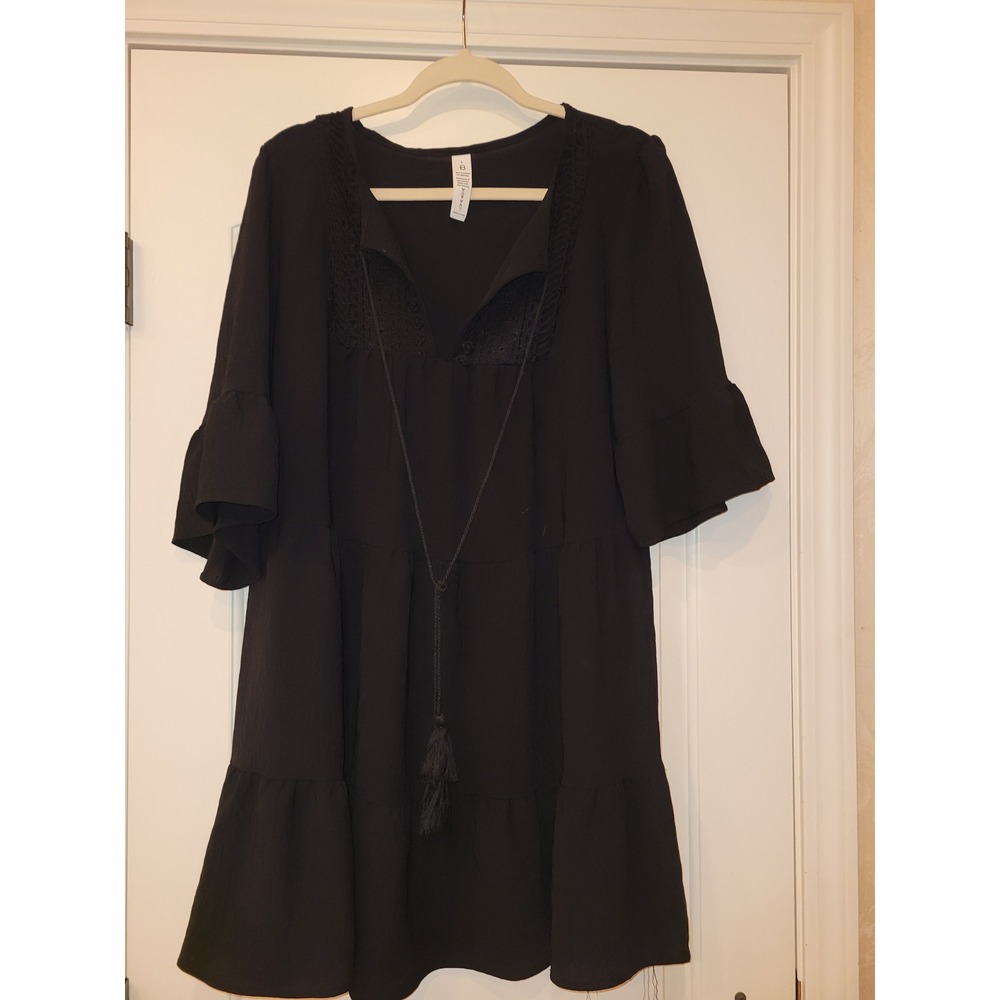 B Brand Black Tiered Mini Dress L Embroidered Tassel Peasant Bell Sleeve Crepe